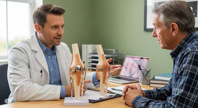 A doctor explaining the knee replacement procedure to a patient
